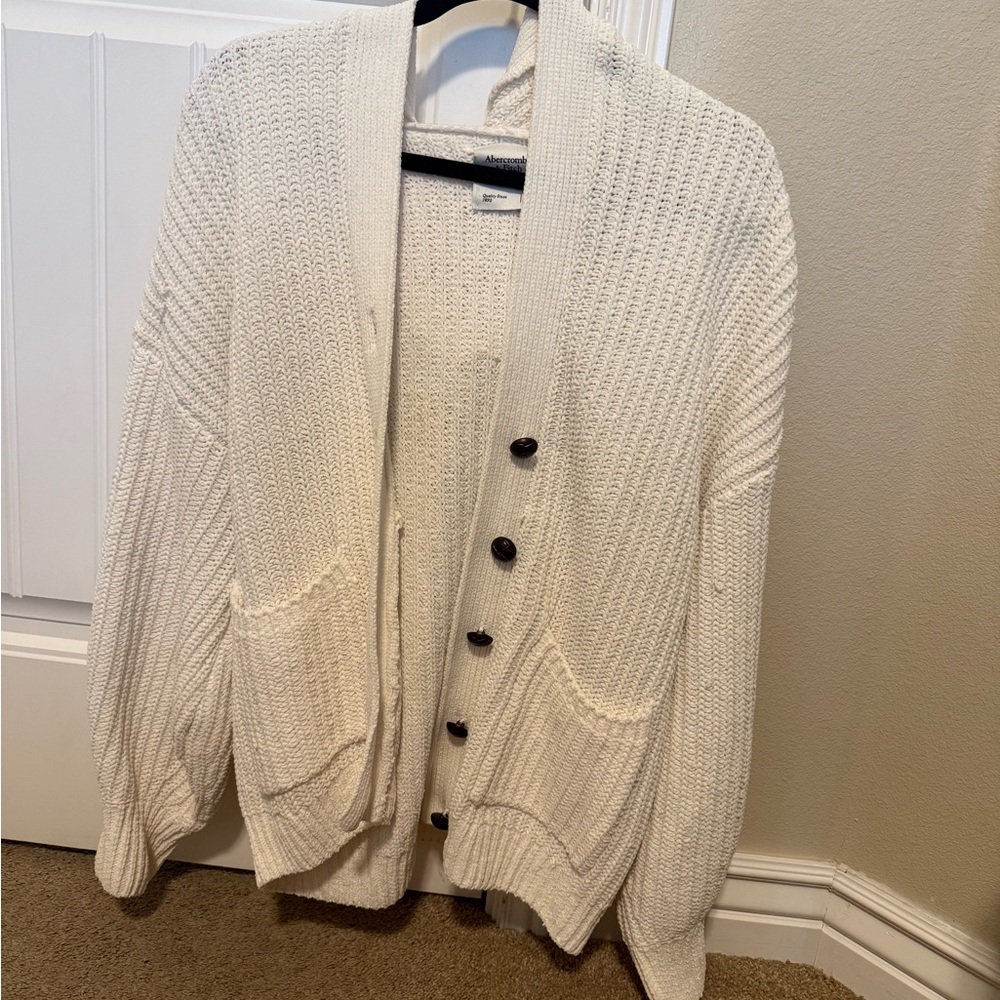 Abercrombie & Fitch Oversized White Knit Cardigan Hooded Sweater